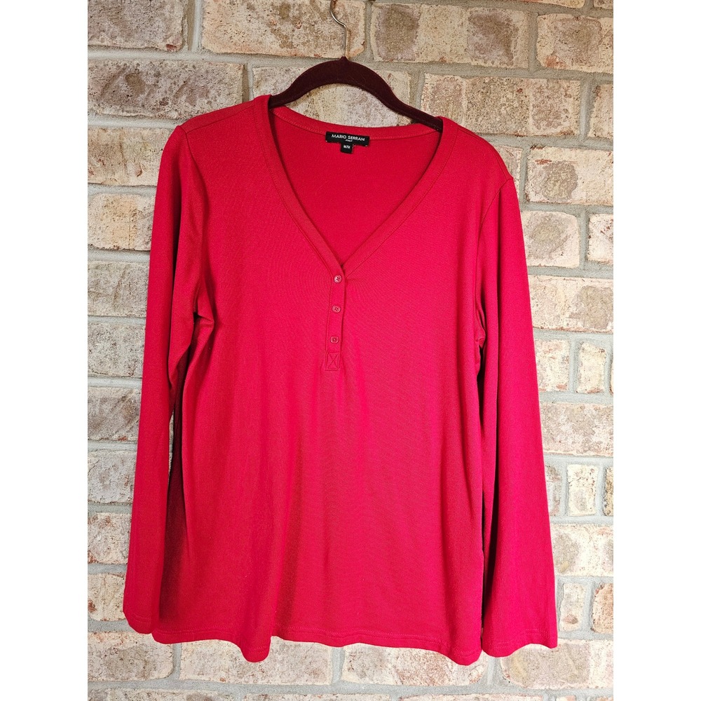 MARIO SERRANI Medium Red Long Sleeve Henley V-Neck Button‎ Up Casual Top EUC